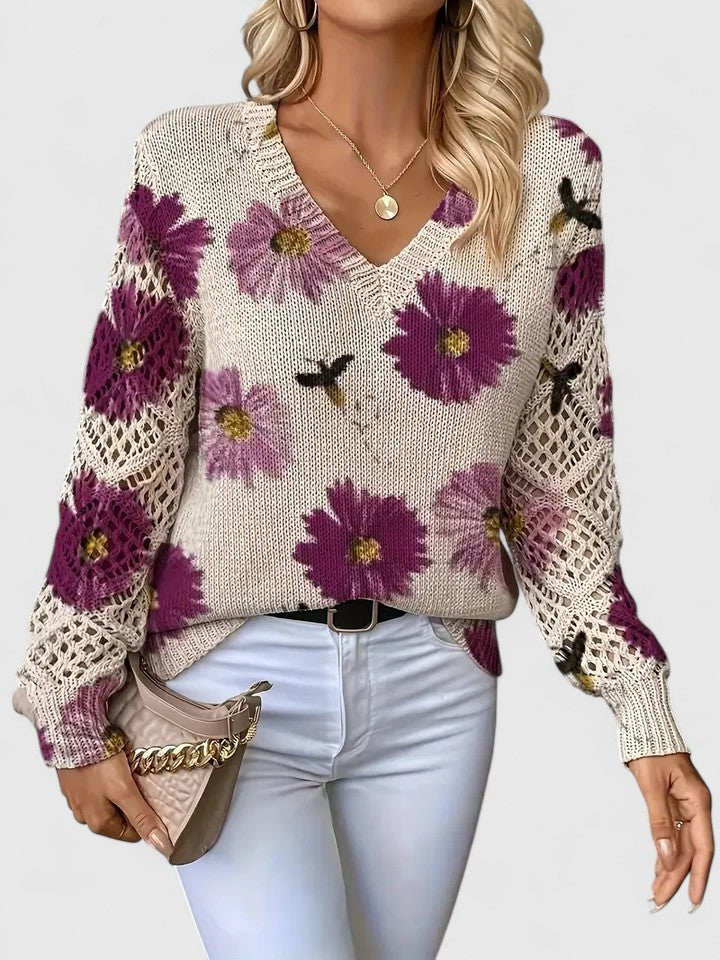 Assunta | Jersey Calado de Flores con Cuello en V - Morado