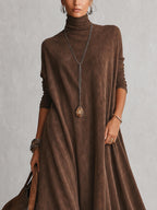 Vestido Largo Vintage de Efecto Ante con Bajo de Encaje y Manga Larga
