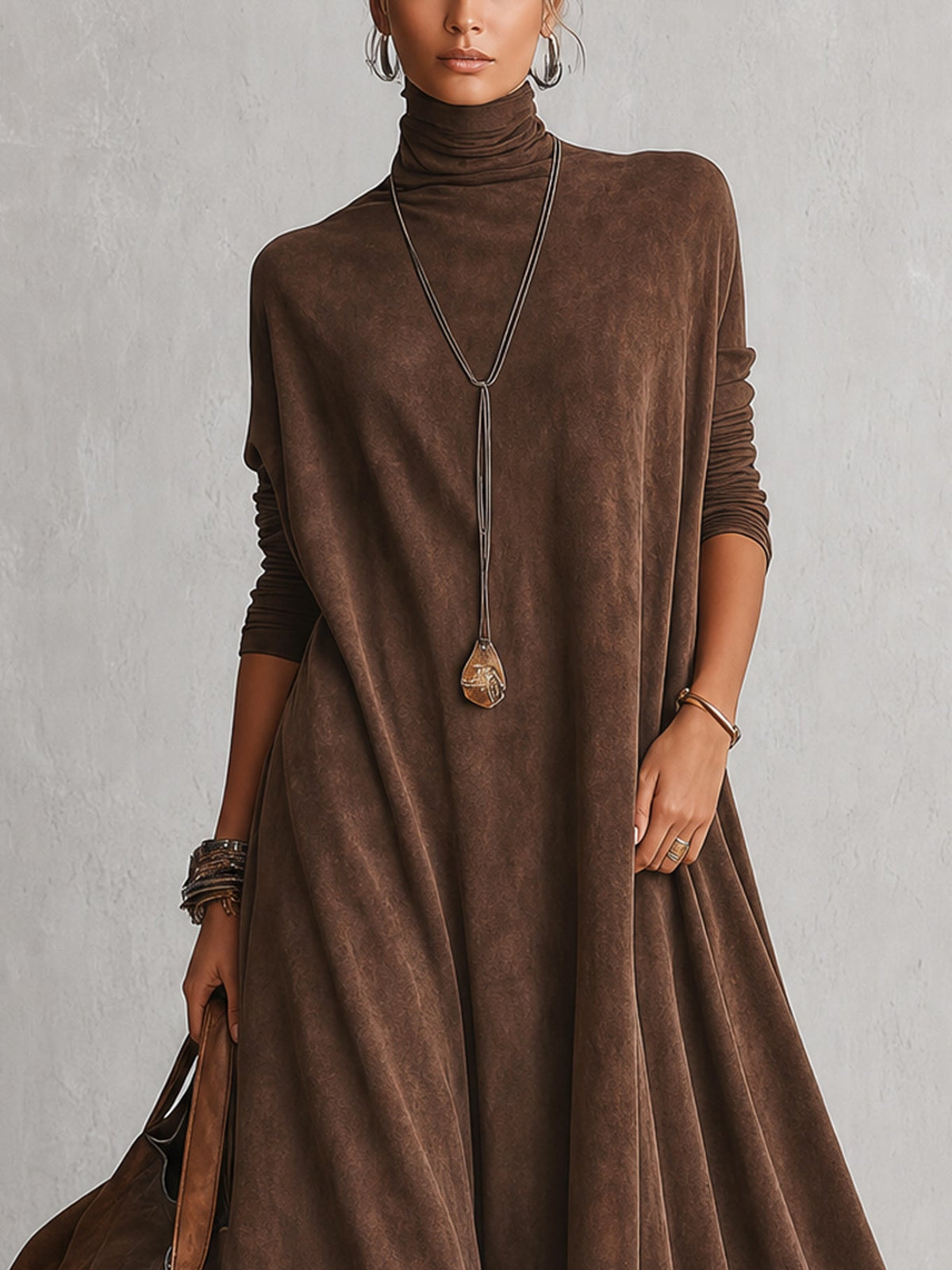 Vestido Largo Vintage de Efecto Ante con Bajo de Encaje y Manga Larga