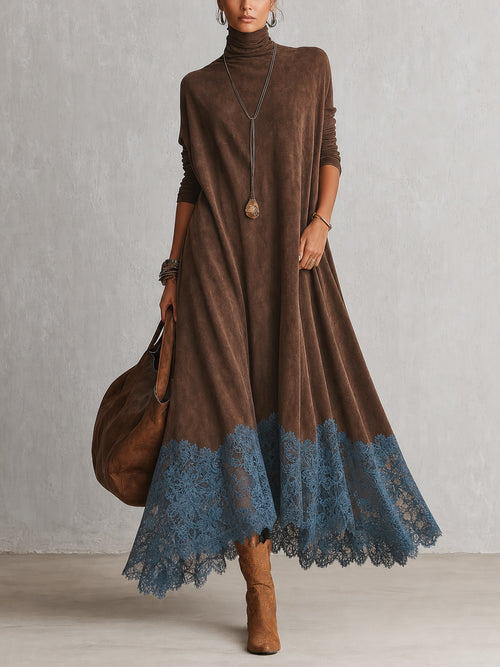 Vestido Largo Vintage de Efecto Ante con Bajo de Encaje y Manga Larga - Marrón
