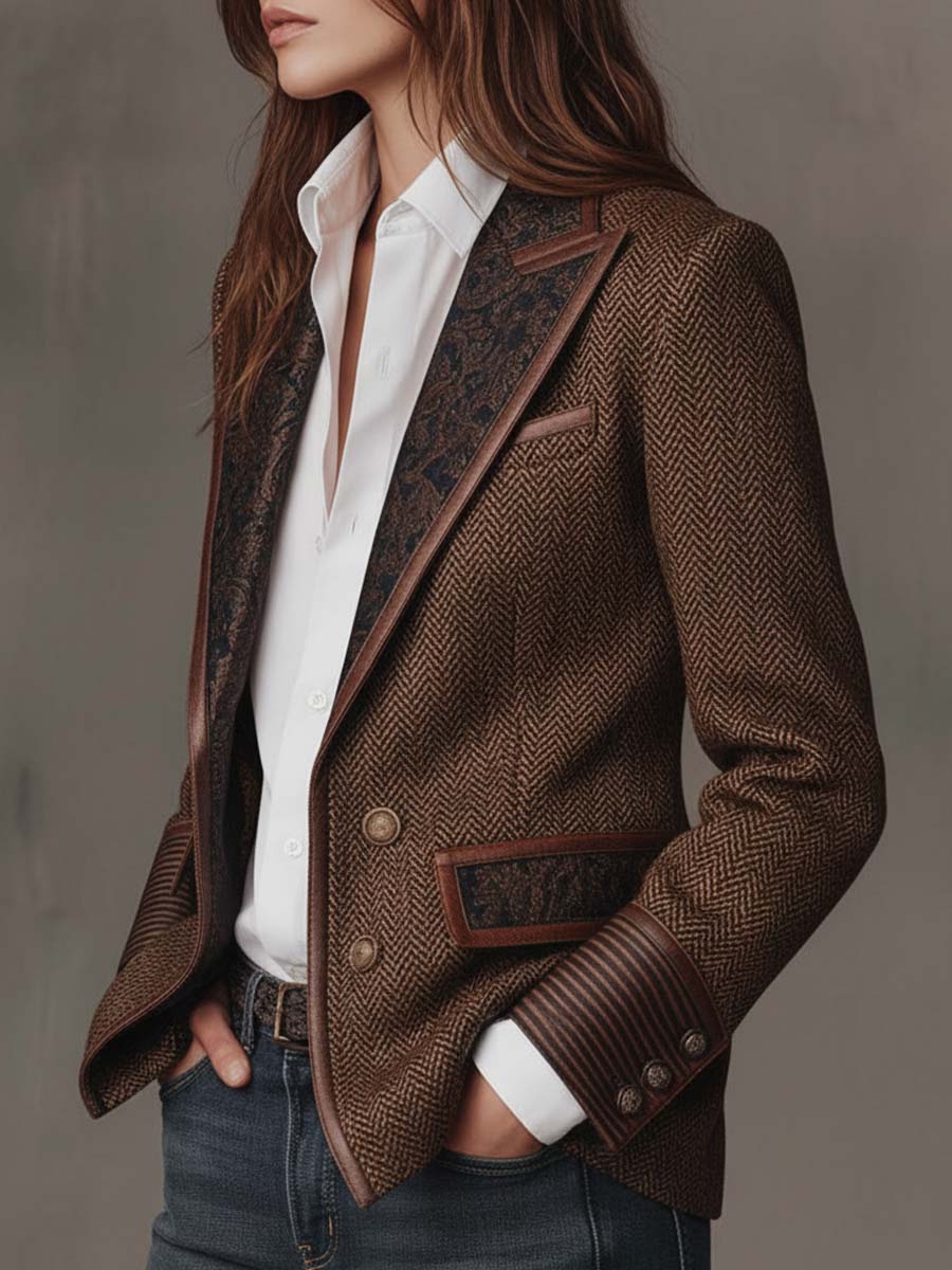 Albina | Blazer con Panel de Espiga y Ribetes en Contraste