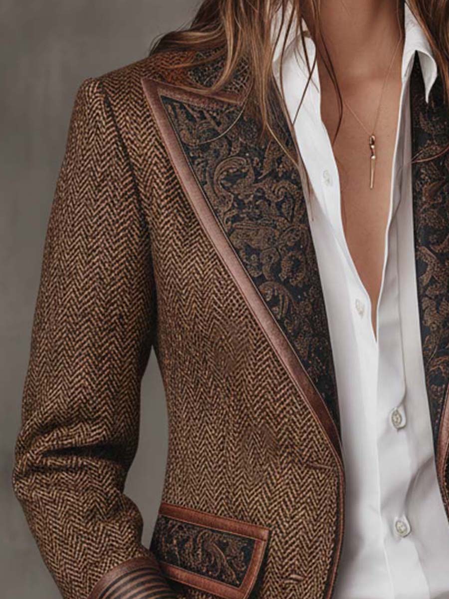Albina | Blazer con Panel de Espiga y Ribetes en Contraste