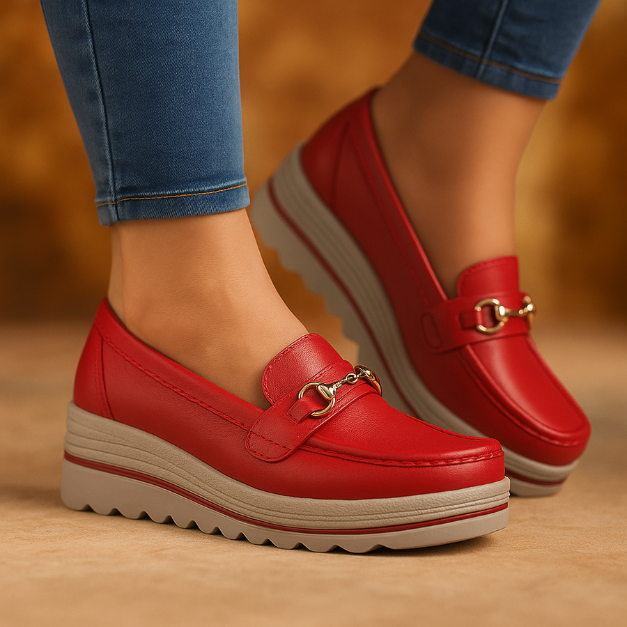 Elisabetta | Mocasines Ortopédicos con Suela Gruesa y Cierre Metálico - Rojo cereza