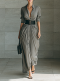 Michela | Vestido Largo Plisado con Cinturón - Gris