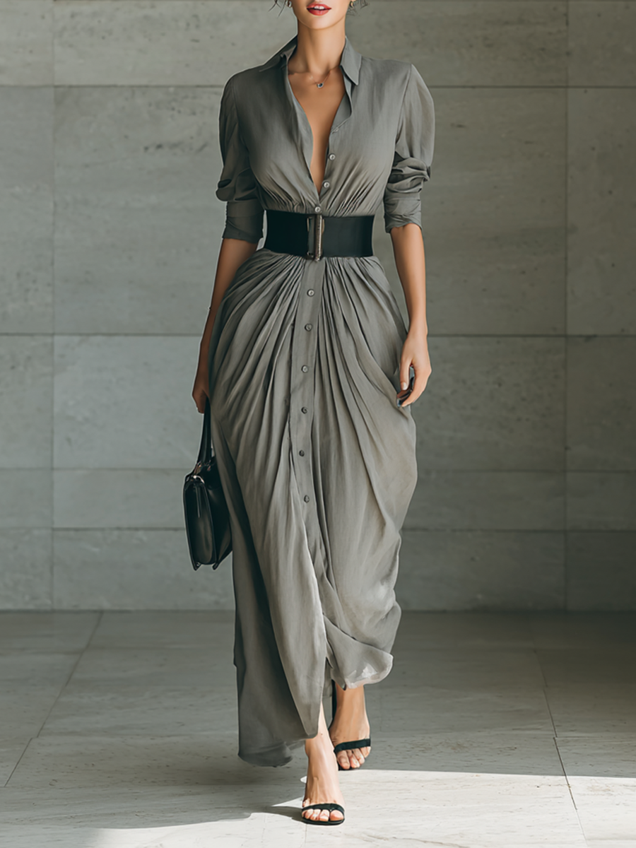 Michela | Vestido Largo Plisado con Cinturón - Gris