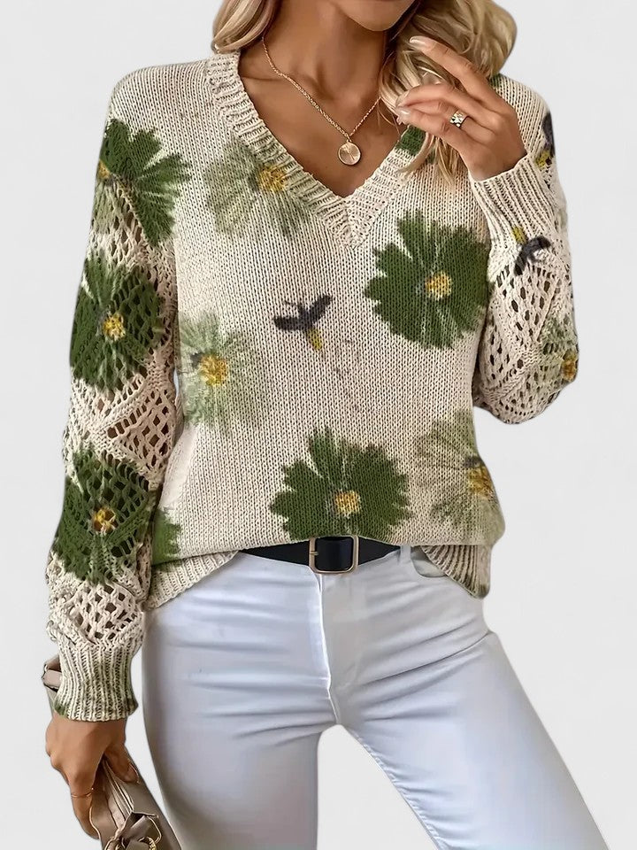 Assunta | Jersey Calado de Flores con Cuello en V - Verde