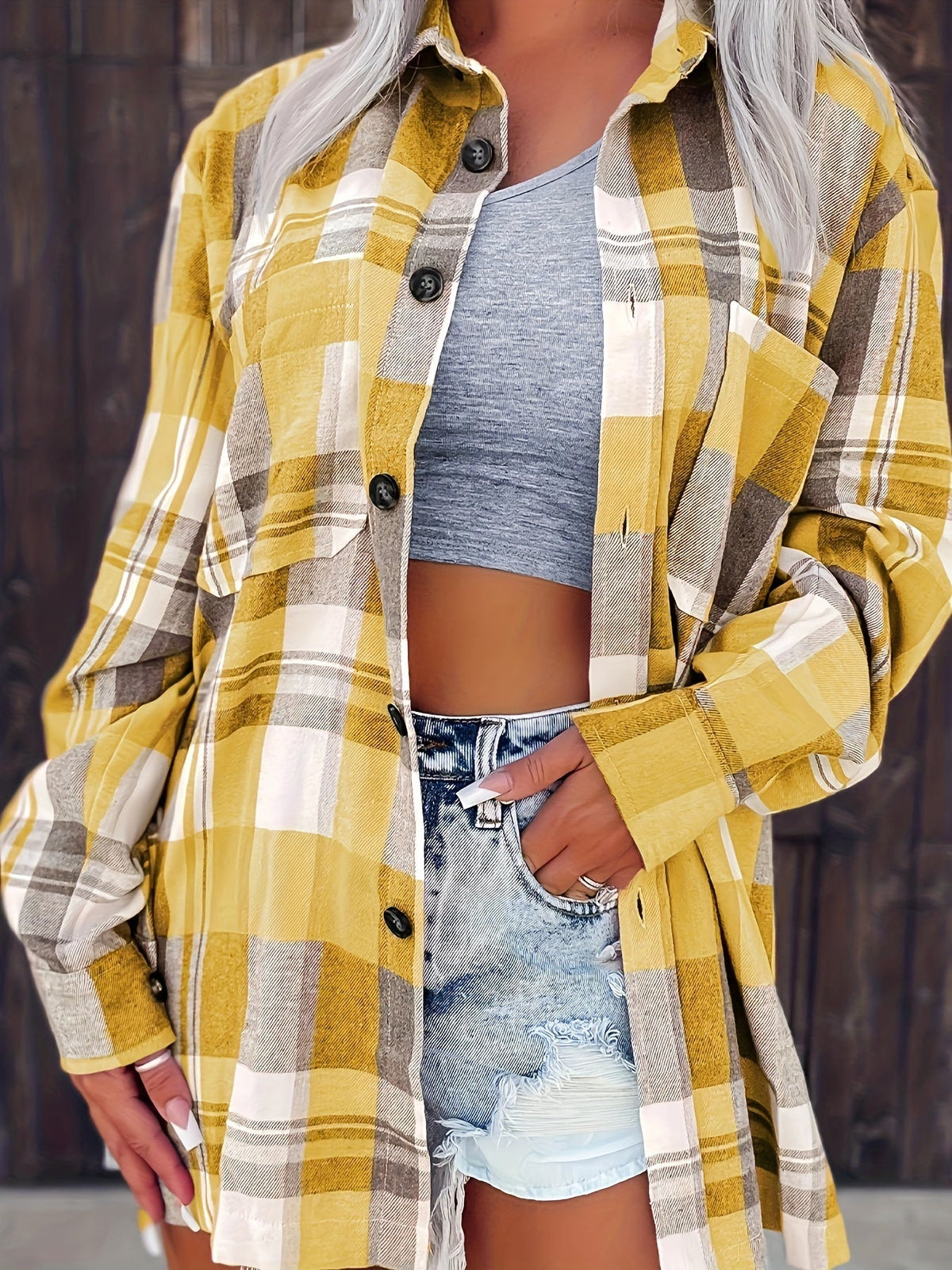 Aurora | Sobrecamisa de Cuadros de Manga Larga para Otoño - Amarillo