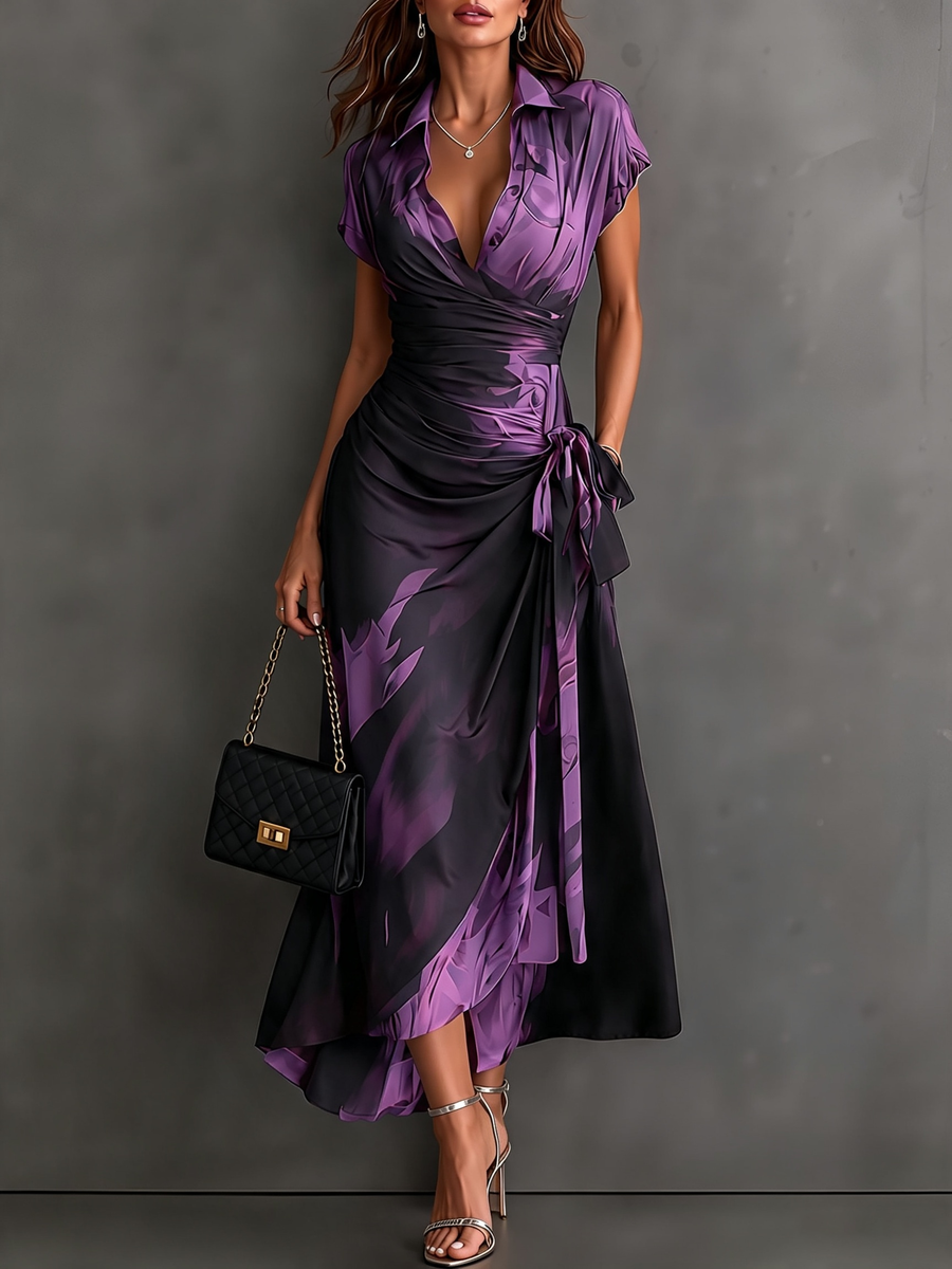Alegra | Vestido Midi Cruzado con Estampado Abstracto en Morado