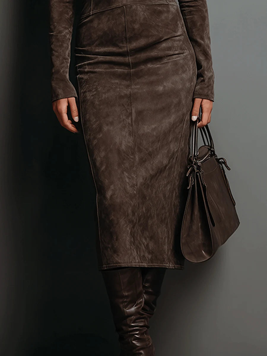 Barbara | Vestido Midi Marrón de Cuello Alto