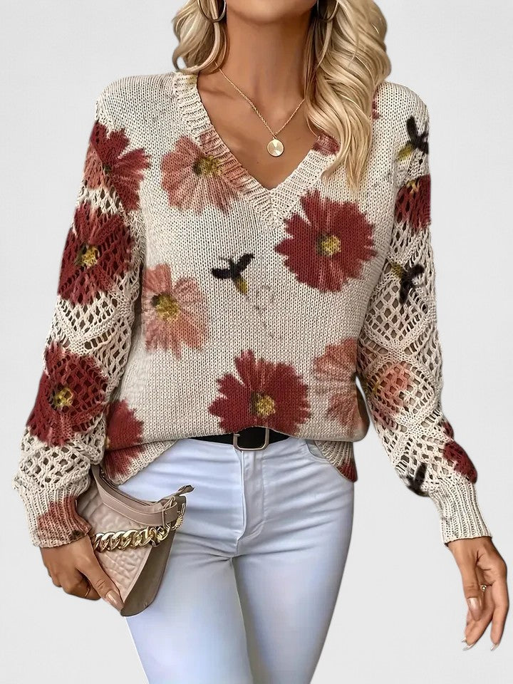 Assunta | Jersey Calado de Flores con Cuello en V - Rojo