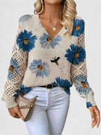 Assunta | Jersey Calado de Flores con Cuello en V - Azul