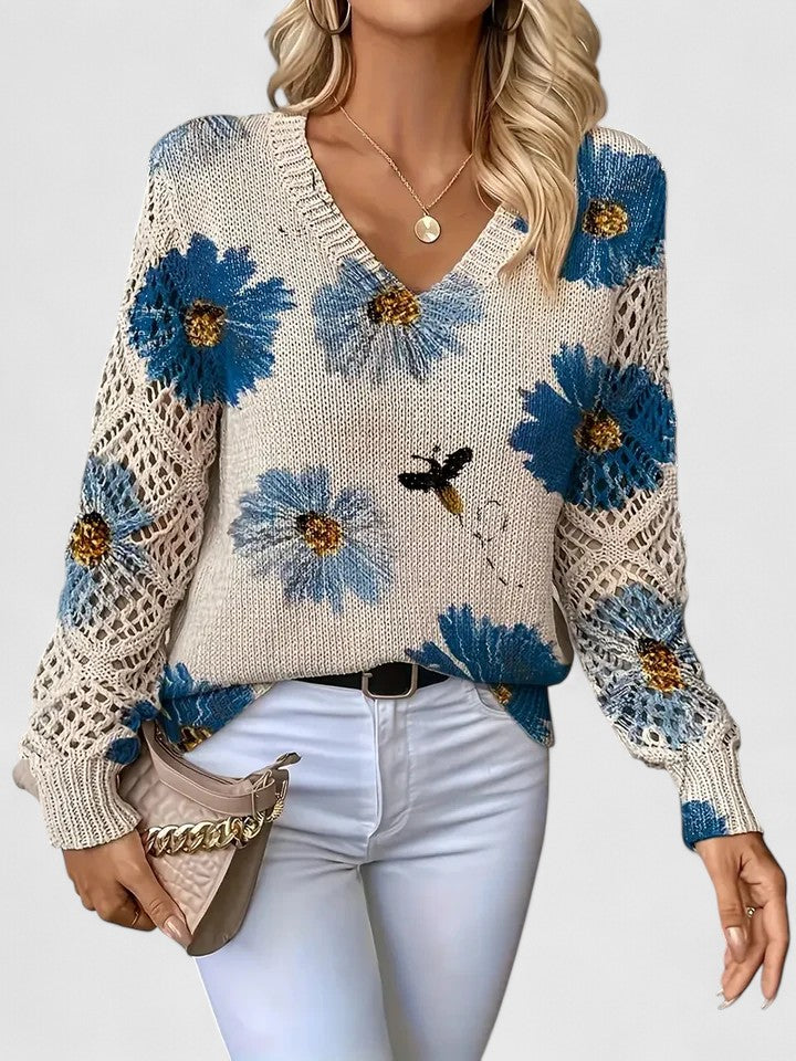 Assunta | Jersey Calado de Flores con Cuello en V - Azul