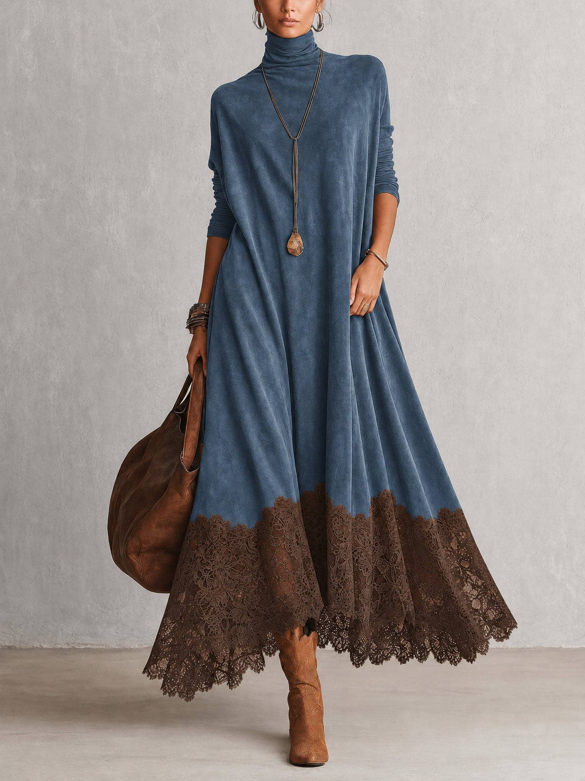 Vestido Largo Vintage de Efecto Ante con Bajo de Encaje y Manga Larga - Azul