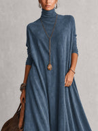 Vestido Largo Vintage de Efecto Ante con Bajo de Encaje y Manga Larga