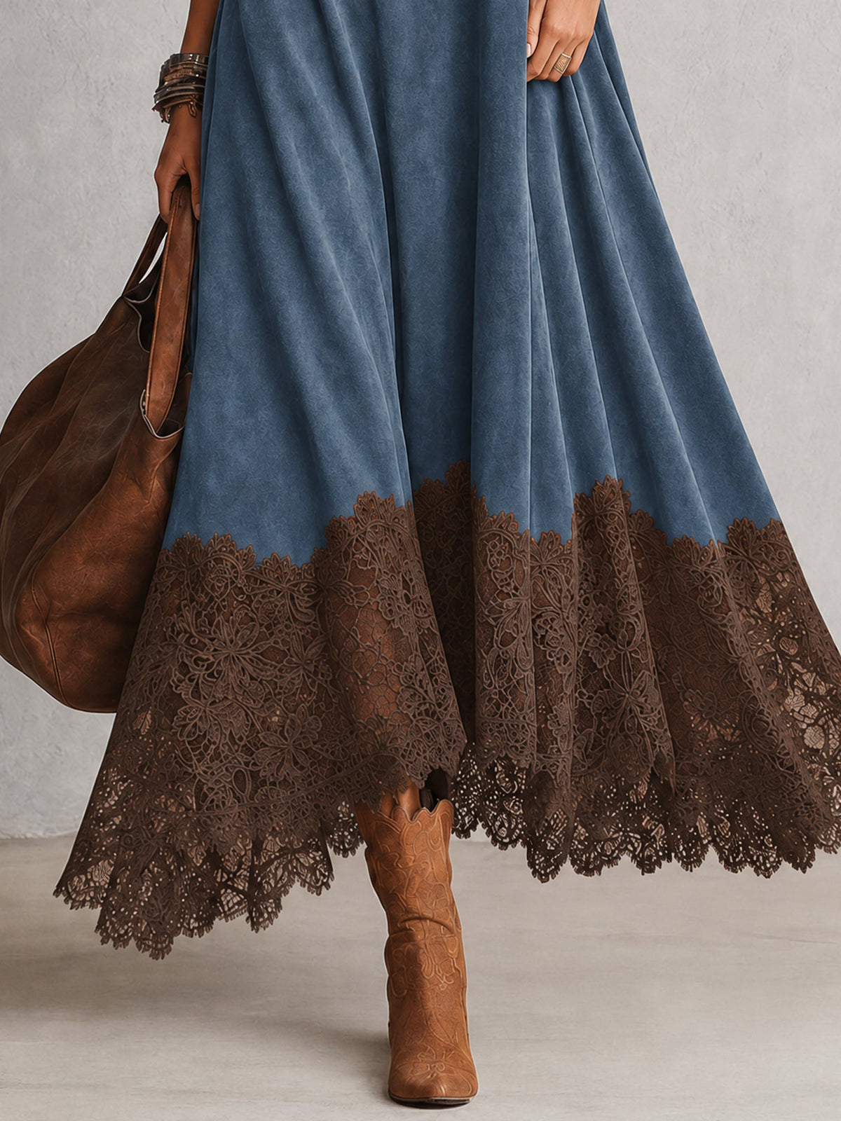 Vestido Largo Vintage de Efecto Ante con Bajo de Encaje y Manga Larga