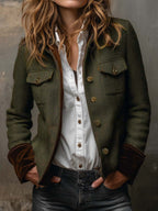 Adelina | Chaqueta de Espiga con Ribetes en Contraste - Oliva
