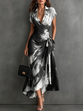 Agostina | Vestido Midi Cruzado con Estampado Abstracto en Blanco y Negro