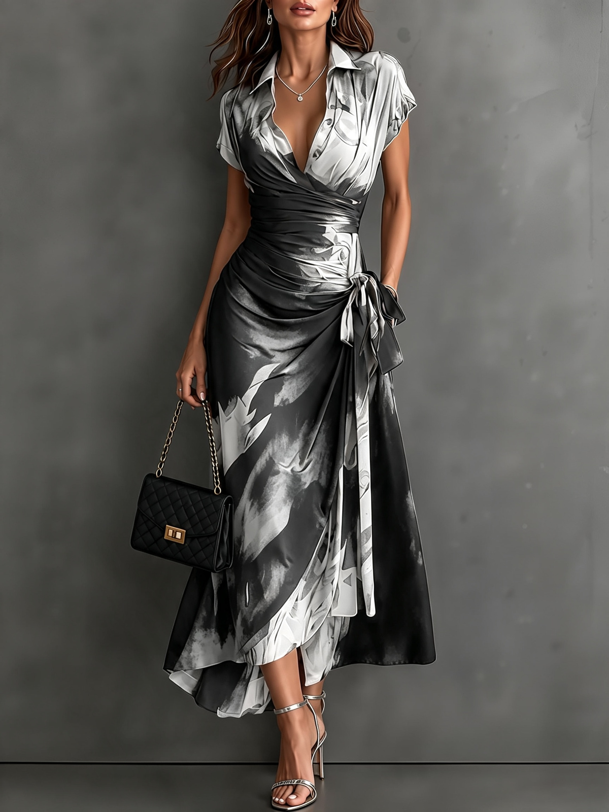 Agostina | Vestido Midi Cruzado con Estampado Abstracto en Blanco y Negro