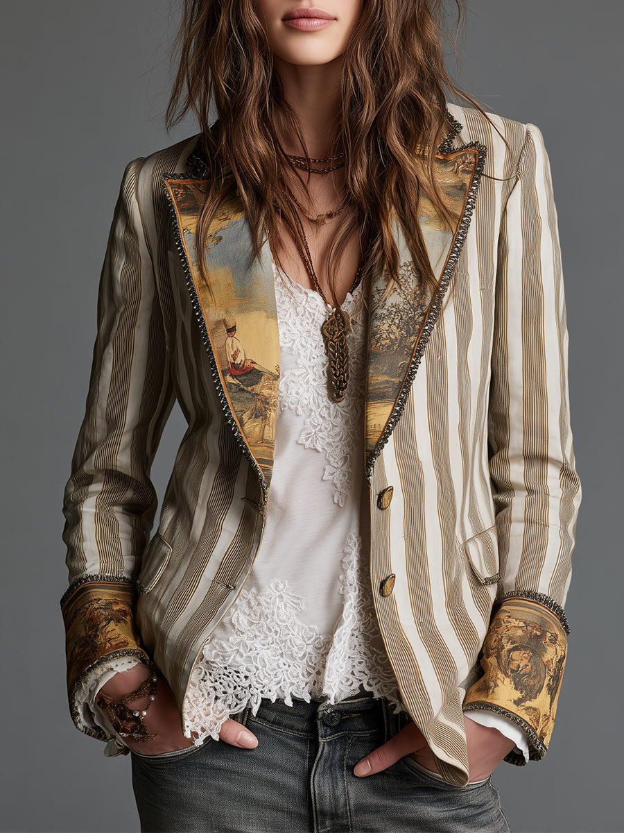 Anita | Blazer de Rayas con Solapa Artística - Caqui