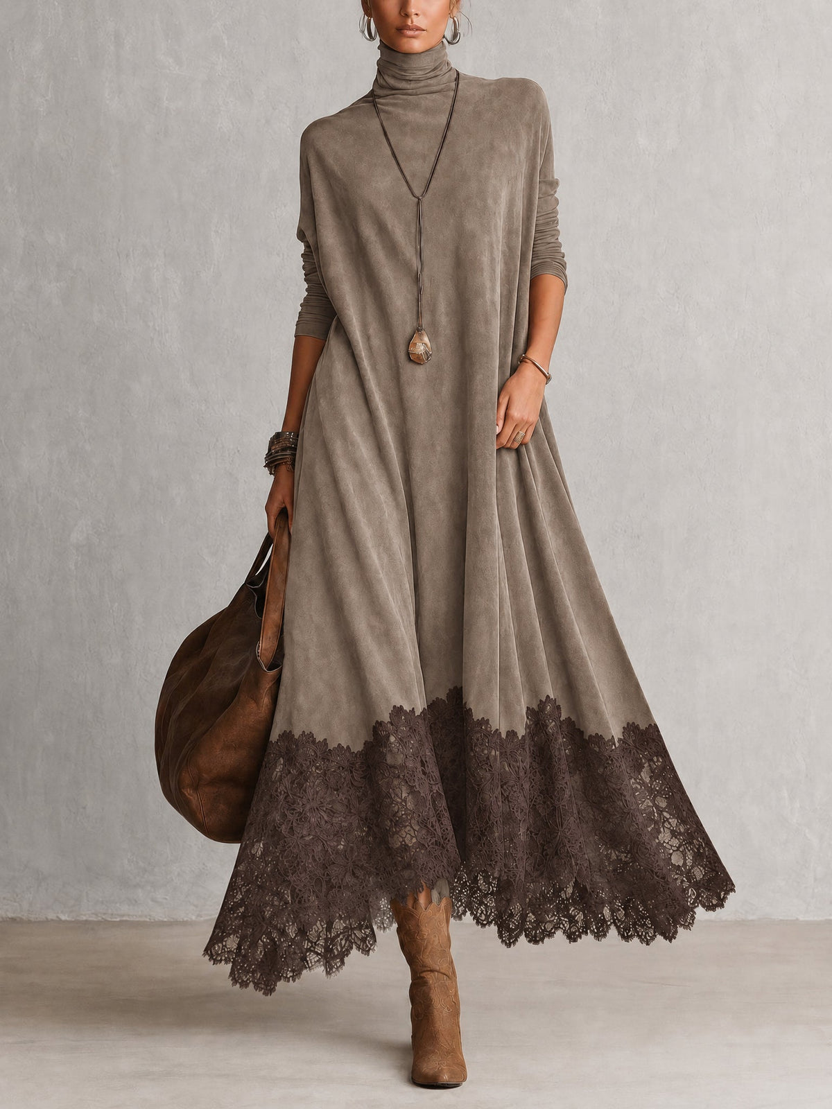 Vestido Largo Vintage de Efecto Ante con Bajo de Encaje y Manga Larga - Topo