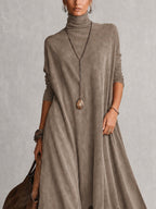 Vestido Largo Vintage de Efecto Ante con Bajo de Encaje y Manga Larga