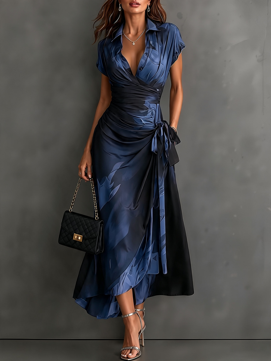 Alda | Vestido Midi Cruzado con Estampado Abstracto en Azul