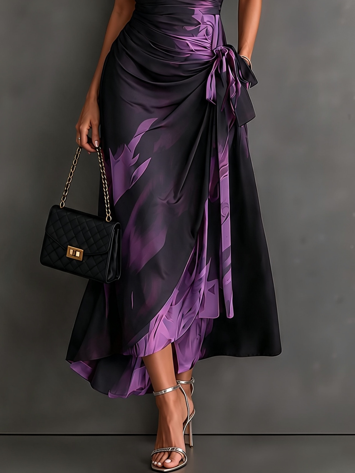 Alegra | Vestido Midi Cruzado con Estampado Abstracto en Morado