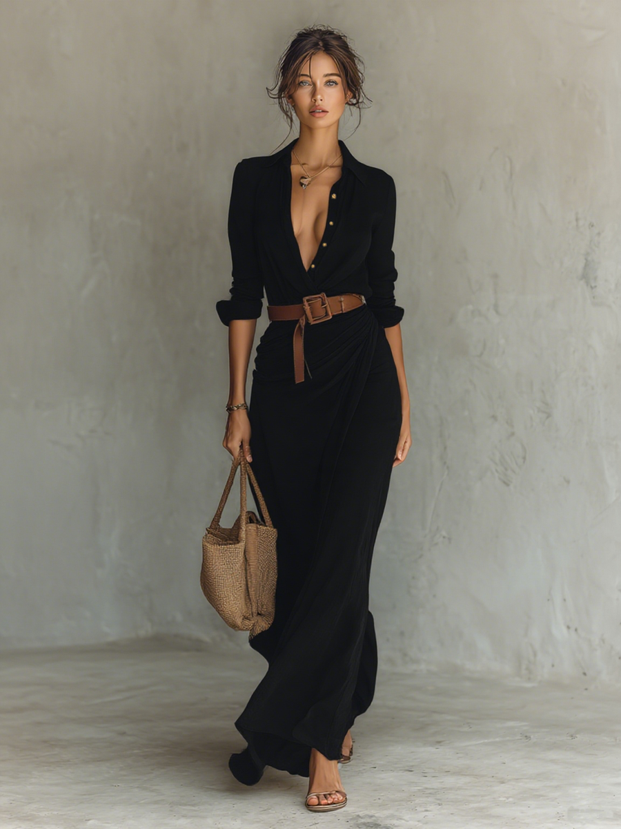 Lorenza | Vestido Largo Casual con Solapa - Negro