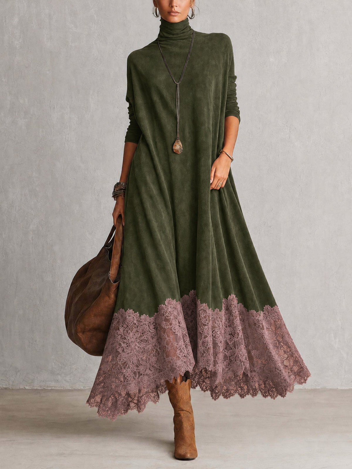 Vestido Largo Vintage de Efecto Ante con Bajo de Encaje y Manga Larga - Verde