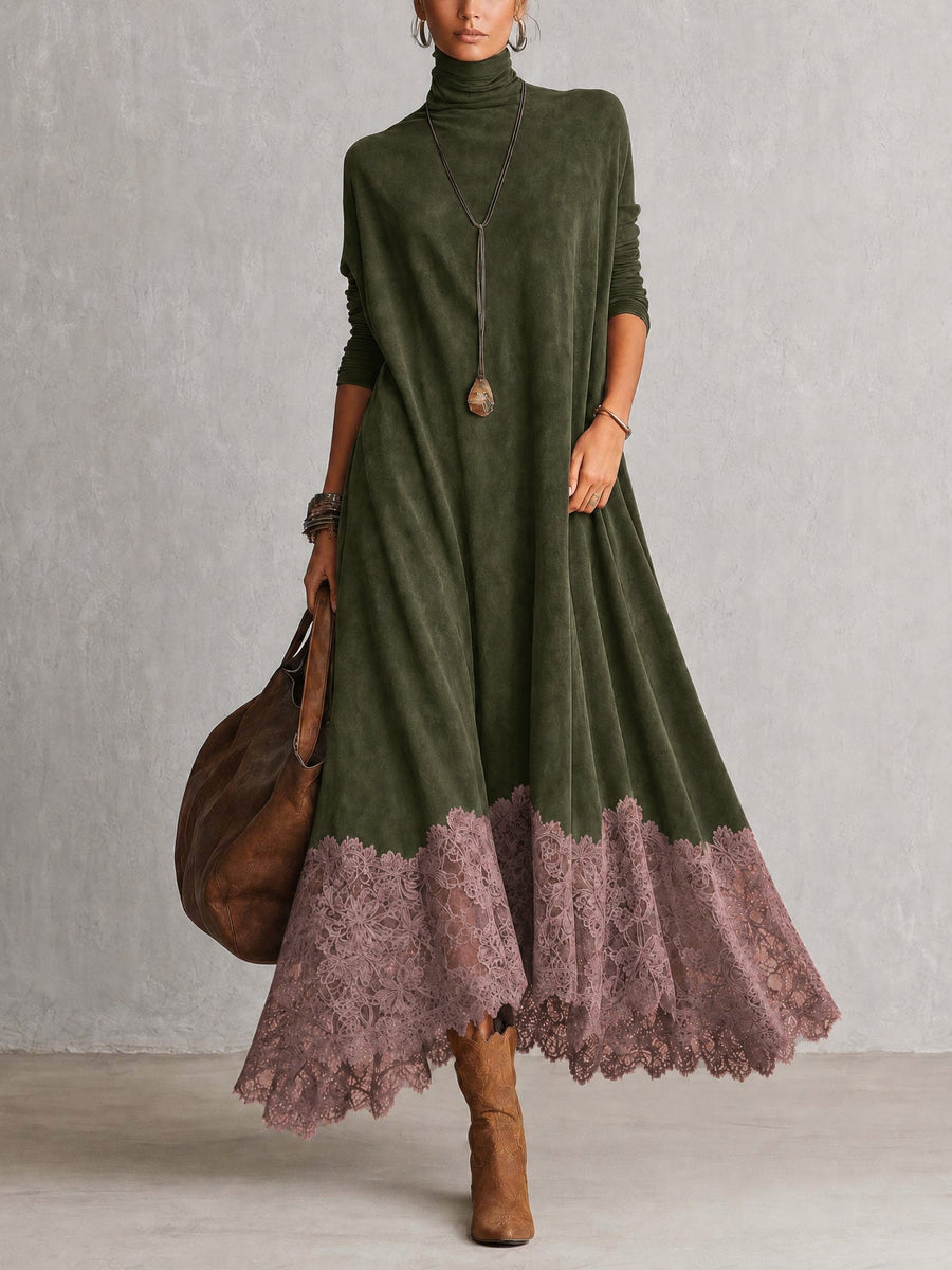 Vestido Largo Vintage de Efecto Ante con Bajo de Encaje y Manga Larga - Verde