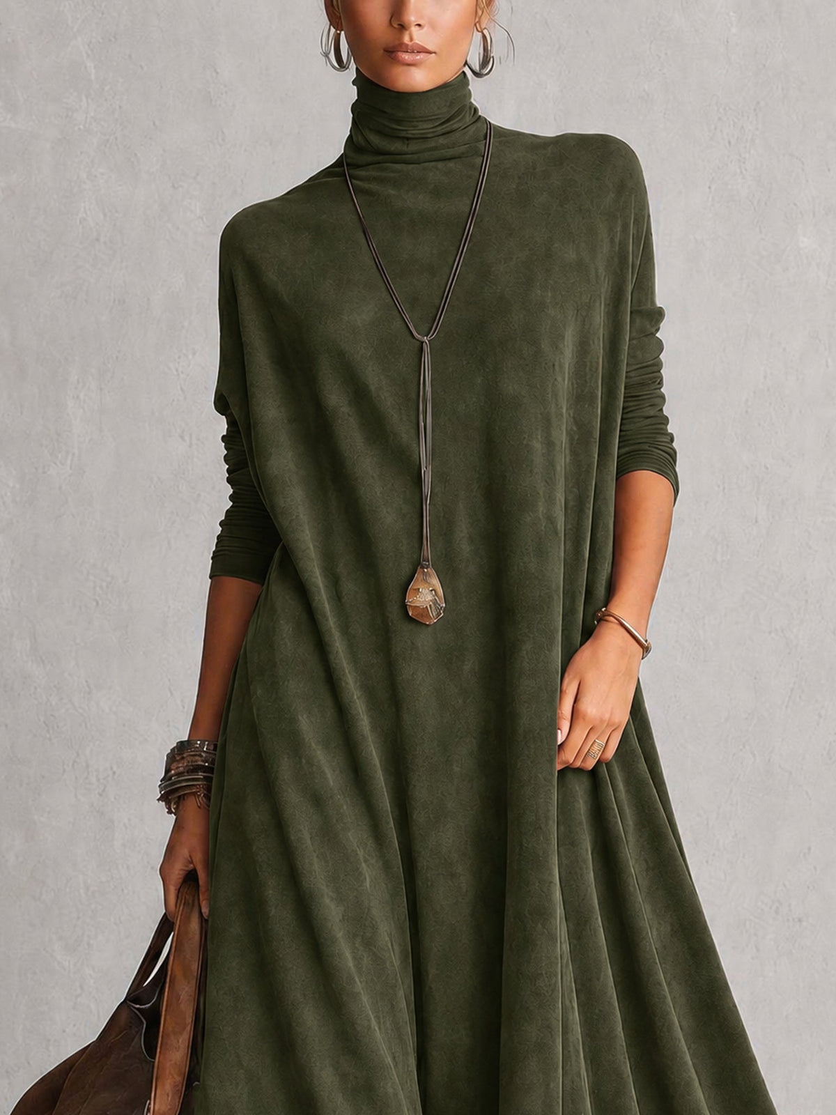 Vestido Largo Vintage de Efecto Ante con Bajo de Encaje y Manga Larga