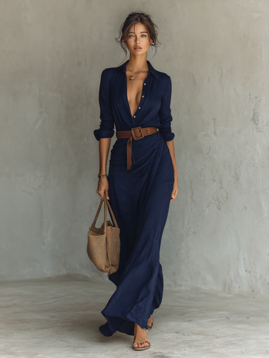 Lorenza | Vestido Largo Casual con Solapa - Azul marino
