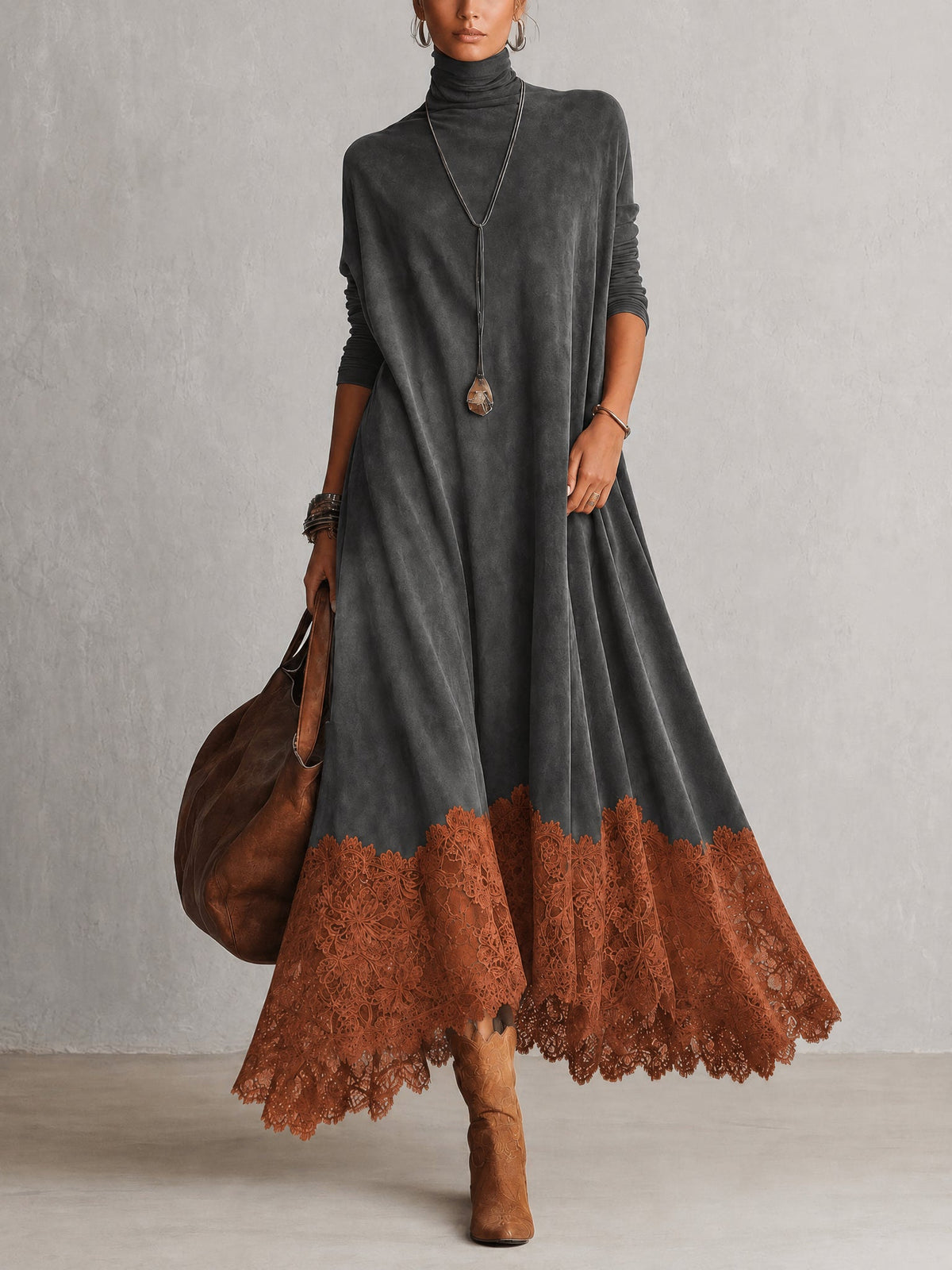Vestido Largo Vintage de Efecto Ante con Bajo de Encaje y Manga Larga - Gris