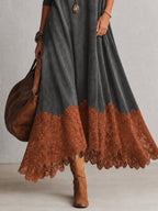 Vestido Largo Vintage de Efecto Ante con Bajo de Encaje y Manga Larga
