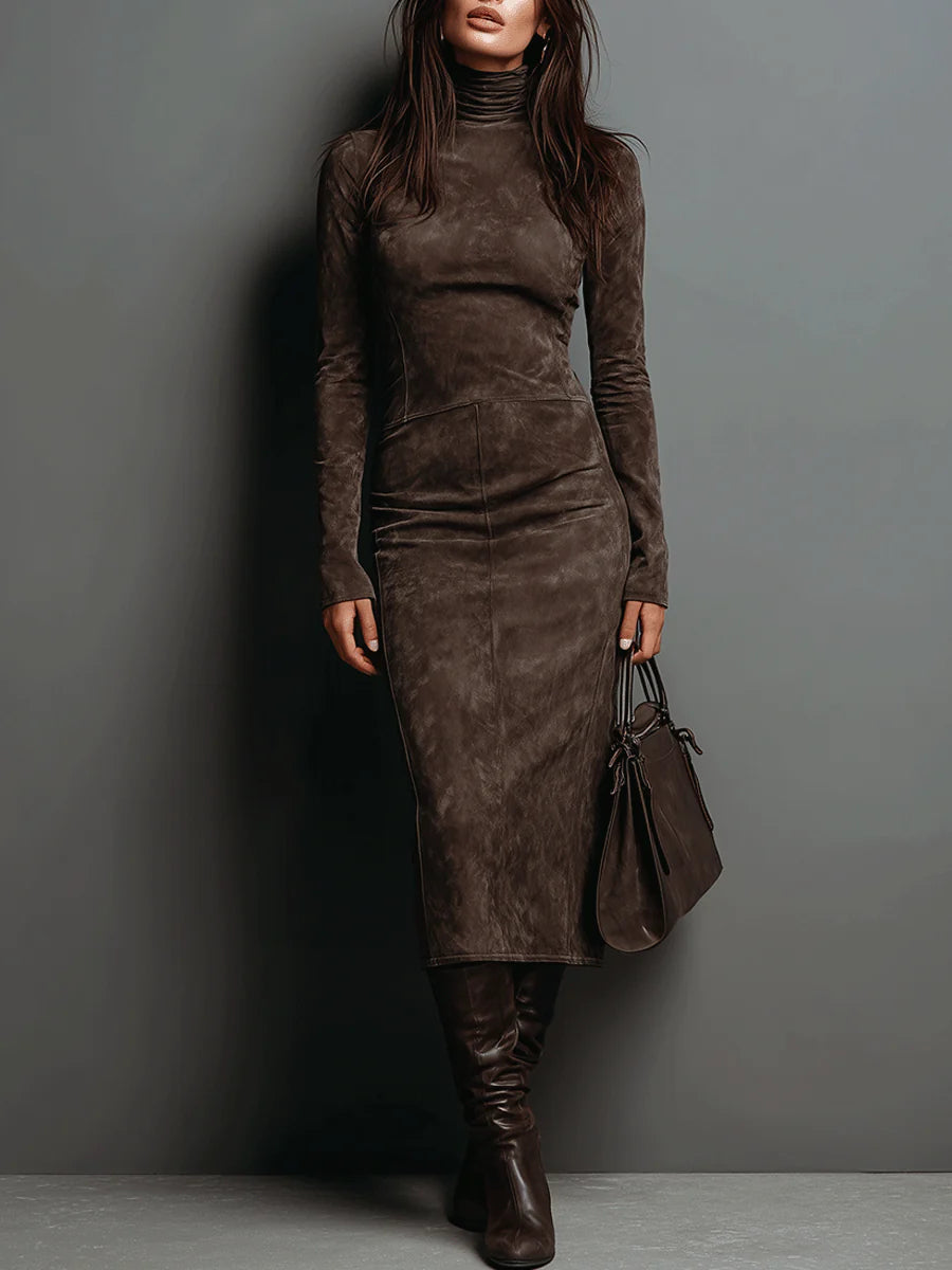 Barbara | Vestido Midi Marrón de Cuello Alto - Marrón