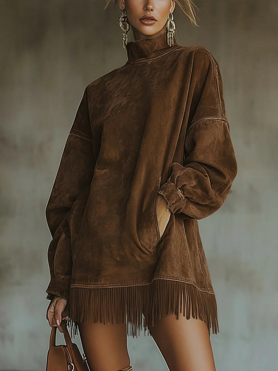 Erica | Vestido Efecto Ante con Cuello Alto y Flecos - Marrón