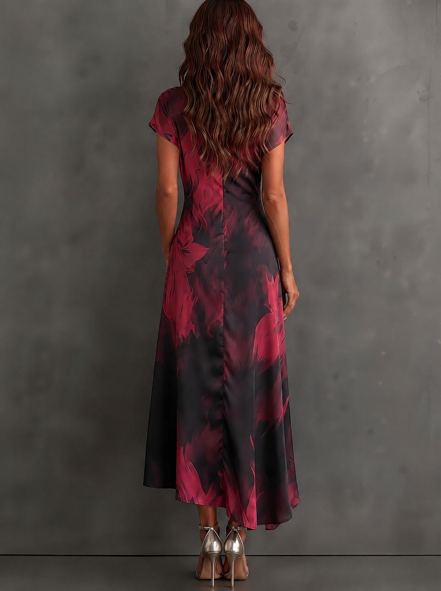 Aida | Vestido Midi Cruzado con Estampado Abstracto en Burdeos