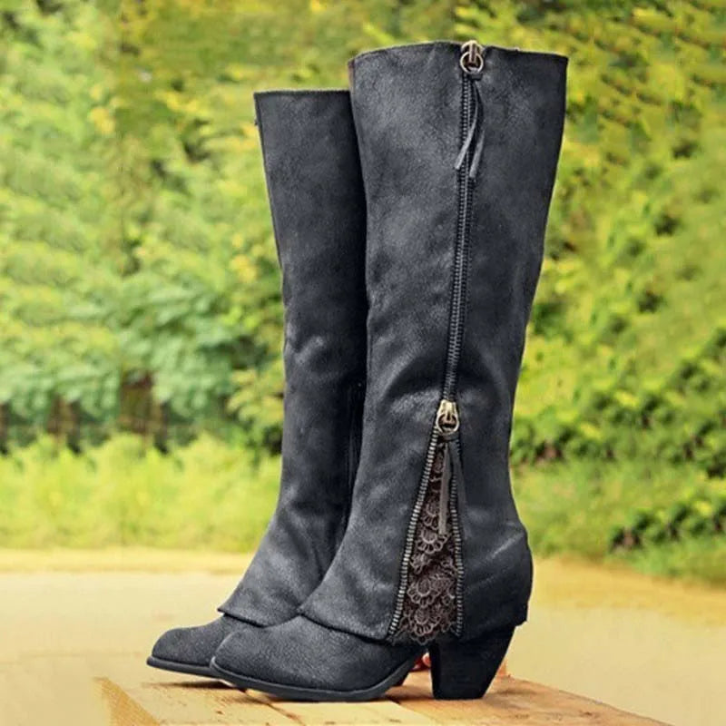 Camilla | Botas Altas de Acabado Desgastado con Puño Doblado - Negro