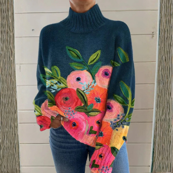 Eva | Jersey de Cuello Alto con Flores Pintadas - Azul marino floral