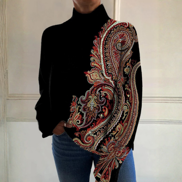Ilenia | Top de Cuello Alto con Estampado Ornamental - Negro estampado cachemir
