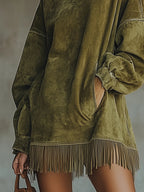 Erica | Vestido Efecto Ante con Cuello Alto y Flecos