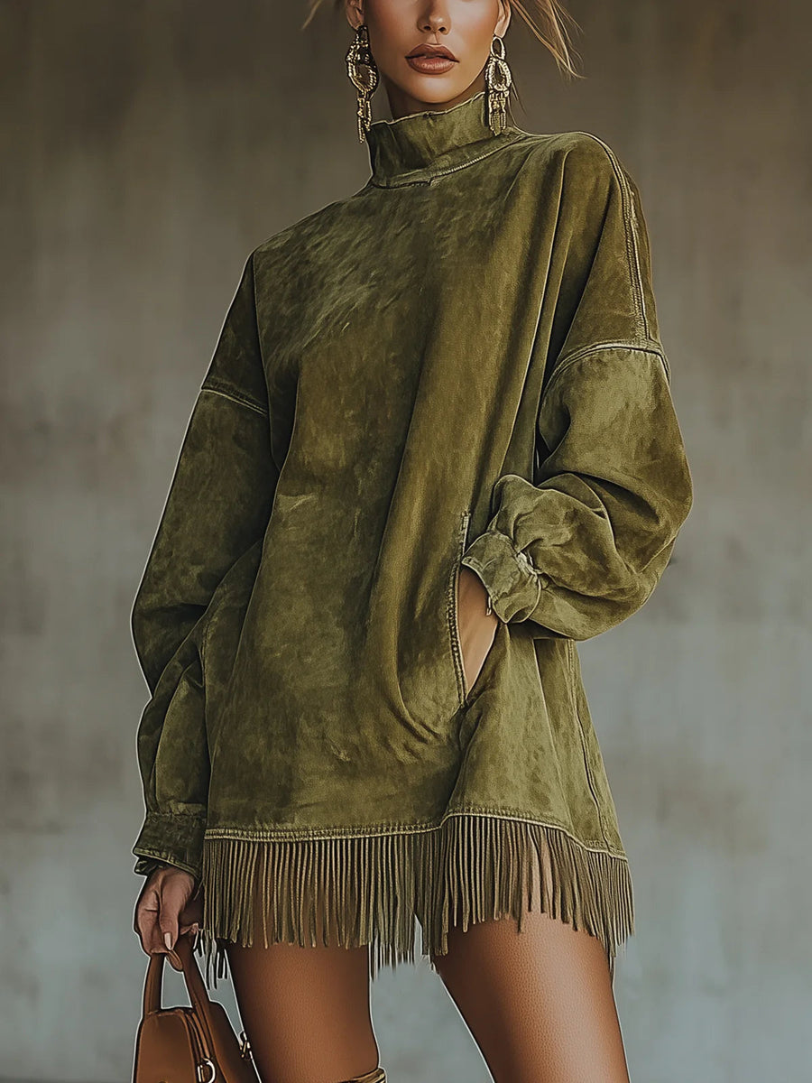 Erica | Vestido Efecto Ante con Cuello Alto y Flecos - Verde