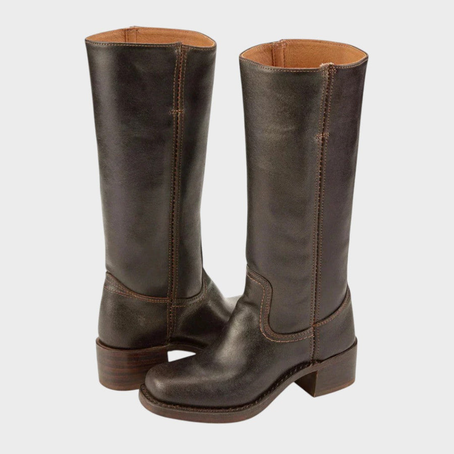 Greta | Botas Altas de Piel Envejecida sin Cremallera - Marrón oscuro