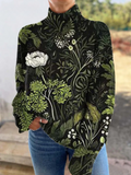 Grazia | Jersey de Cuello Alto con Estampado Botánico - Negro y verde estampado