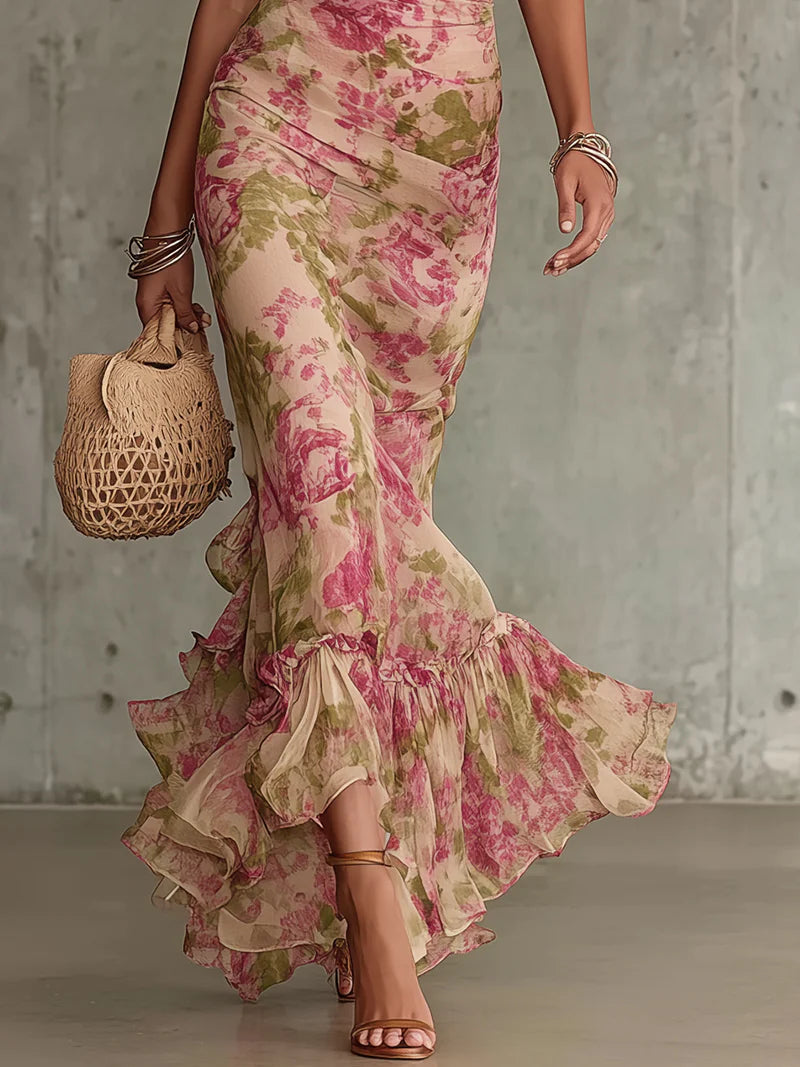 Vestido Largo Fiora con Estampado Vintage de Rosas y Mangas Abullonadas