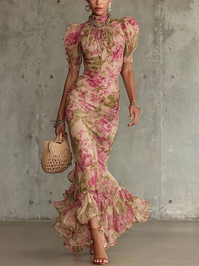 Vestido Largo Fiora con Estampado Vintage de Rosas y Mangas Abullonadas