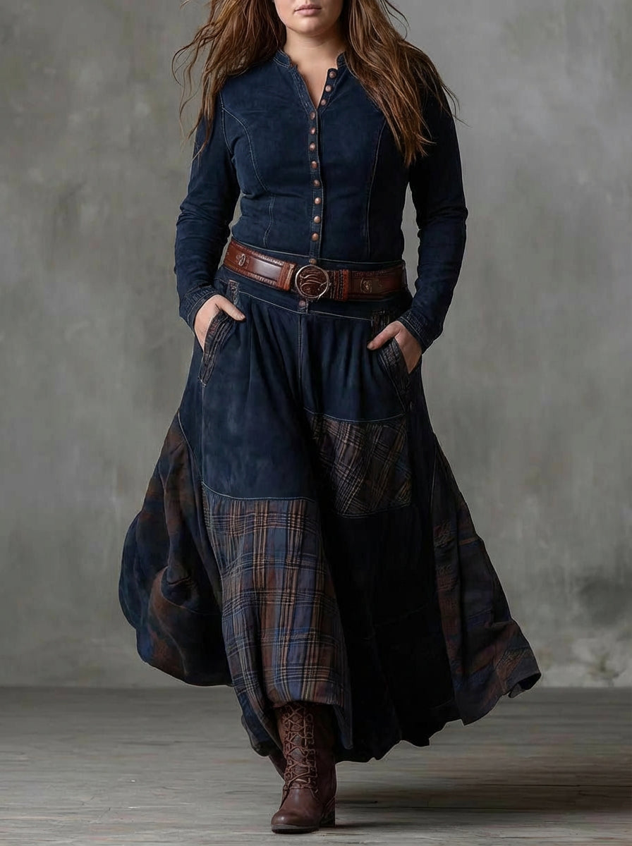 Fabrizia | Vestido Largo Vintage de Cuadros Efecto Ante Azul Marino (con Cinturón)