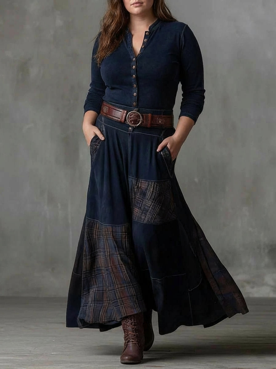 Fabrizia | Vestido Largo Vintage de Cuadros Efecto Ante Azul Marino (con Cinturón)