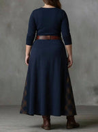 Fabrizia | Vestido Largo Vintage de Cuadros Efecto Ante Azul Marino (con Cinturón)