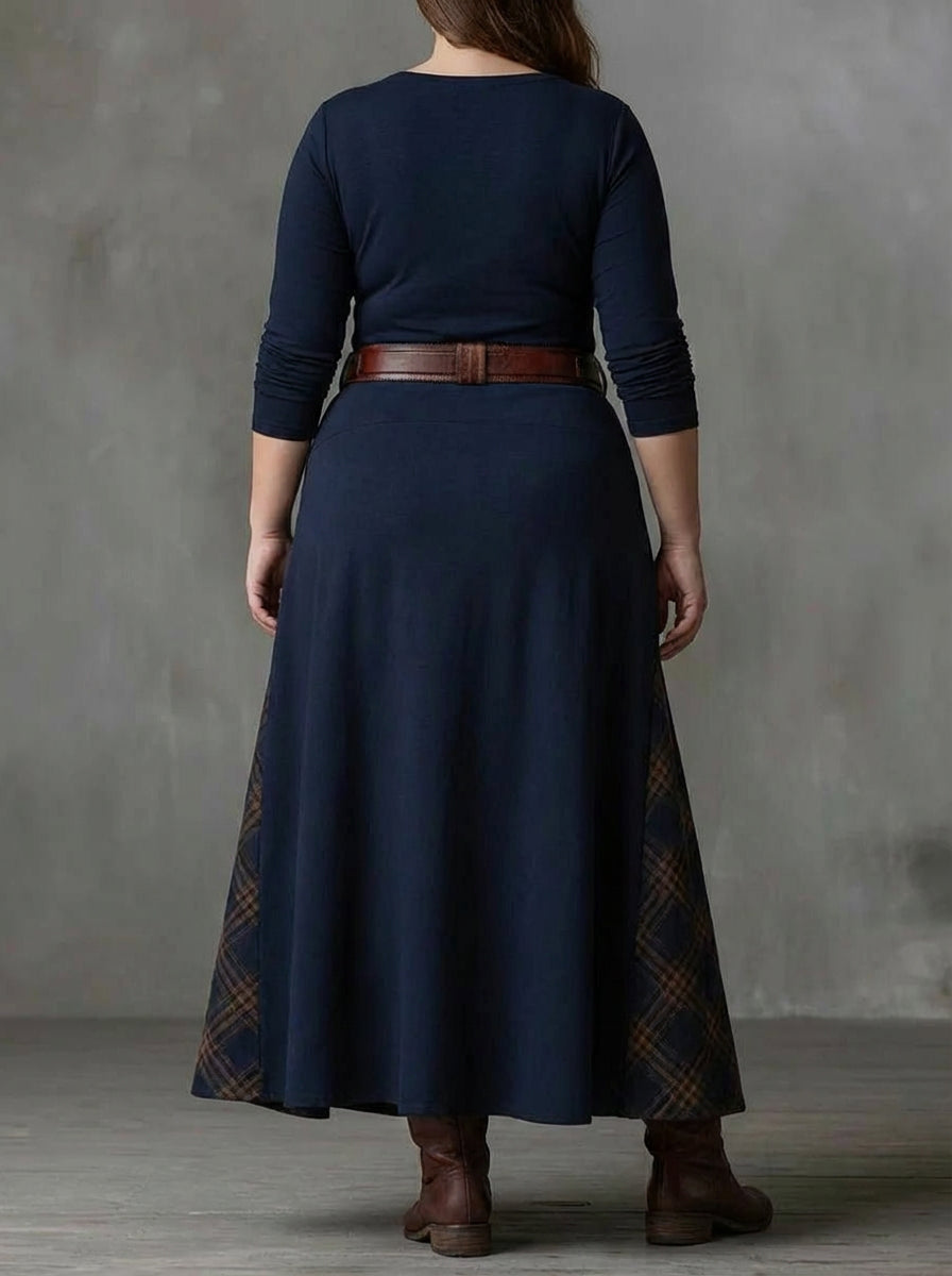 Fabrizia | Vestido Largo Vintage de Cuadros Efecto Ante Azul Marino (con Cinturón)